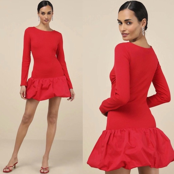 Lulus Dresses & Skirts - NEW Lulus Ideal Approach Red Long Sleeve Mini Dress MEDIUM Flattering NWT
